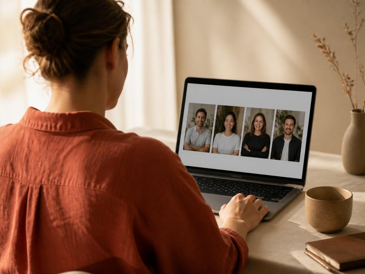 A person browsing a row of team-member portraits