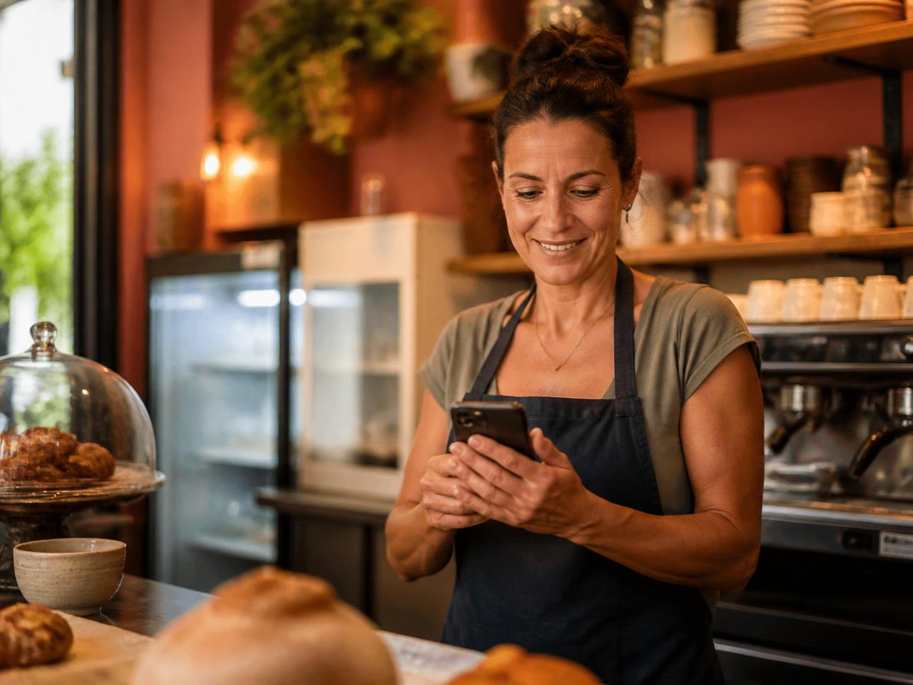 A café owner checking their phone behind the counter